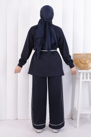 Zip-Front Button Detail Tunic and Trouser Set 1206 Navy — view 3