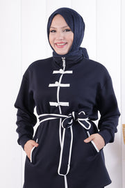 Zip-Front Button Detail Tunic and Trouser Set 1206 Navy — view 4