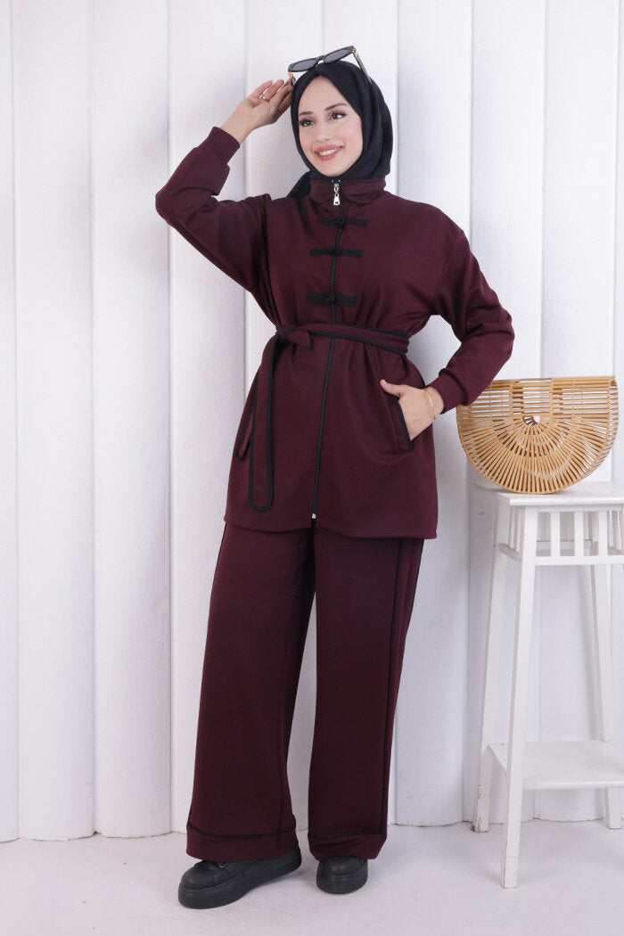 Zip-Front Button Detail Tunic and Trouser Set 1206 Plum