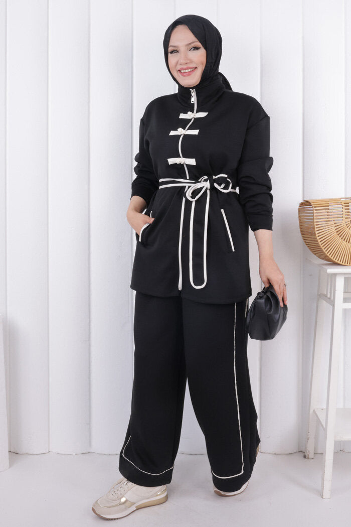 Zip-Front Button Detail Tunic and Trouser Set 1206 Black — view 1