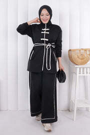 Zip-Front Button Detail Tunic and Trouser Set 1206 Black — view 2