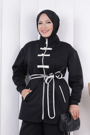 Zip-Front Button Detail Tunic and Trouser Set 1206 Black — view 4