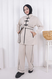 Zip-Front Button Detail Tunic and Trouser Set 1206 Stone — view 1