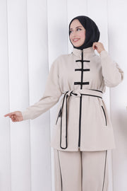 Zip-Front Button Detail Tunic and Trouser Set 1206 Stone — view 4