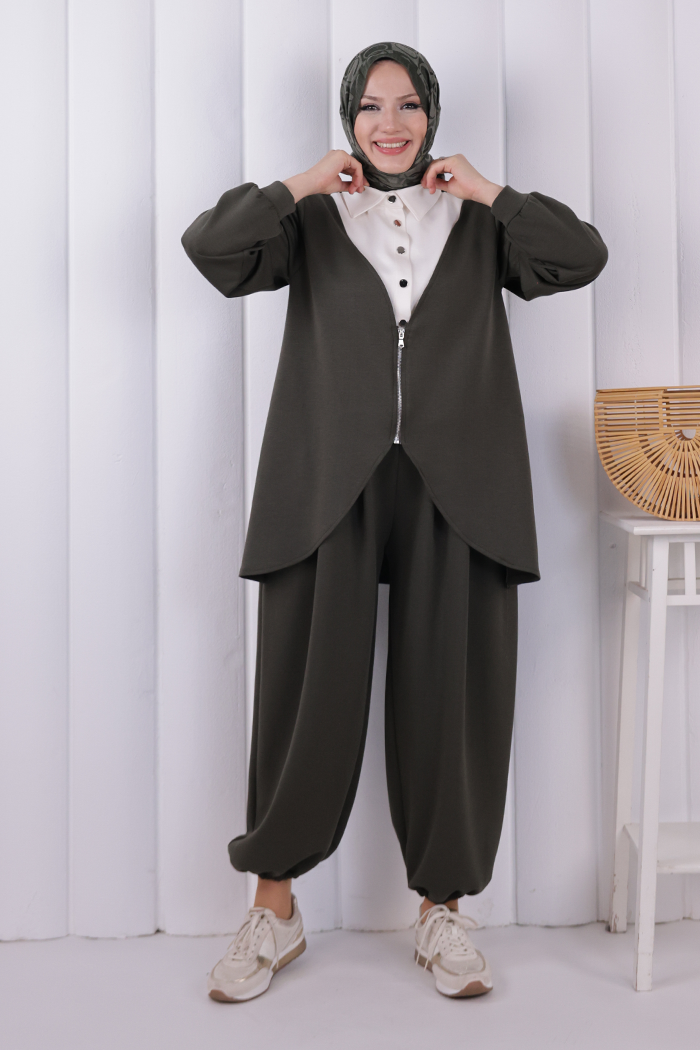 Zip-Front Two-Piece Modest Set 1208 Khaki — view 1