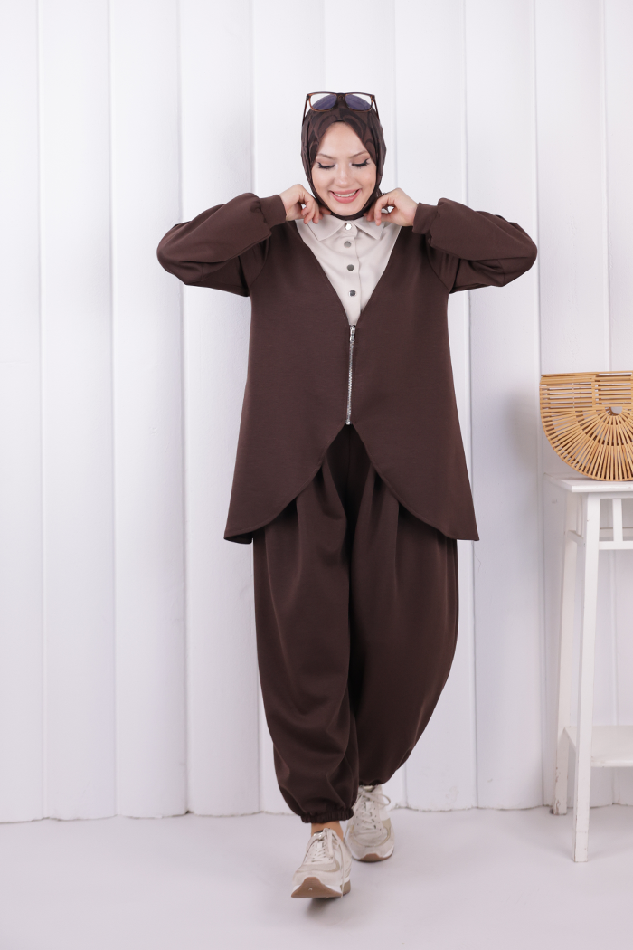 Zip-Front Two-Piece Modest Set 1208 Brown