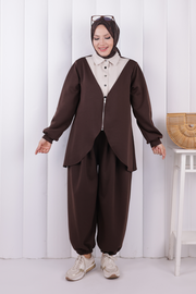 Zip-Front Two-Piece Modest Set 1208 Brown — view 2