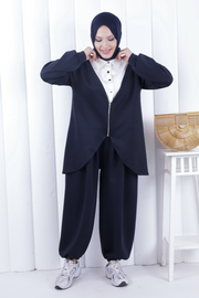 Zip-Front Two-Piece Modest Set 1208 Navy — view 2