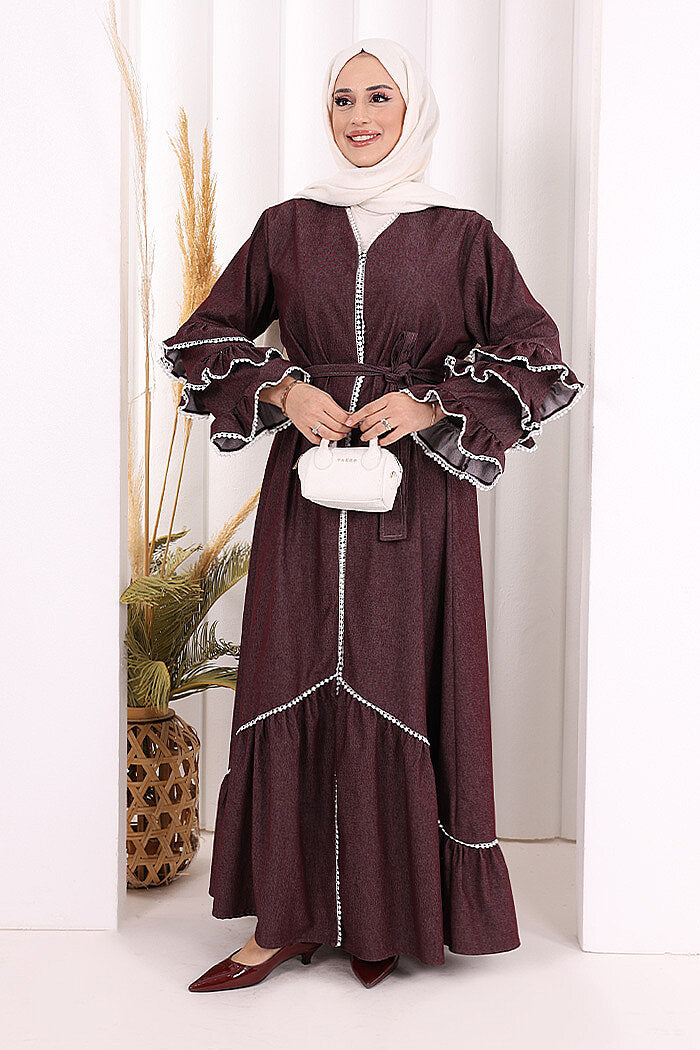 Ruffle-Detailed Abaya 6078 Burgundy