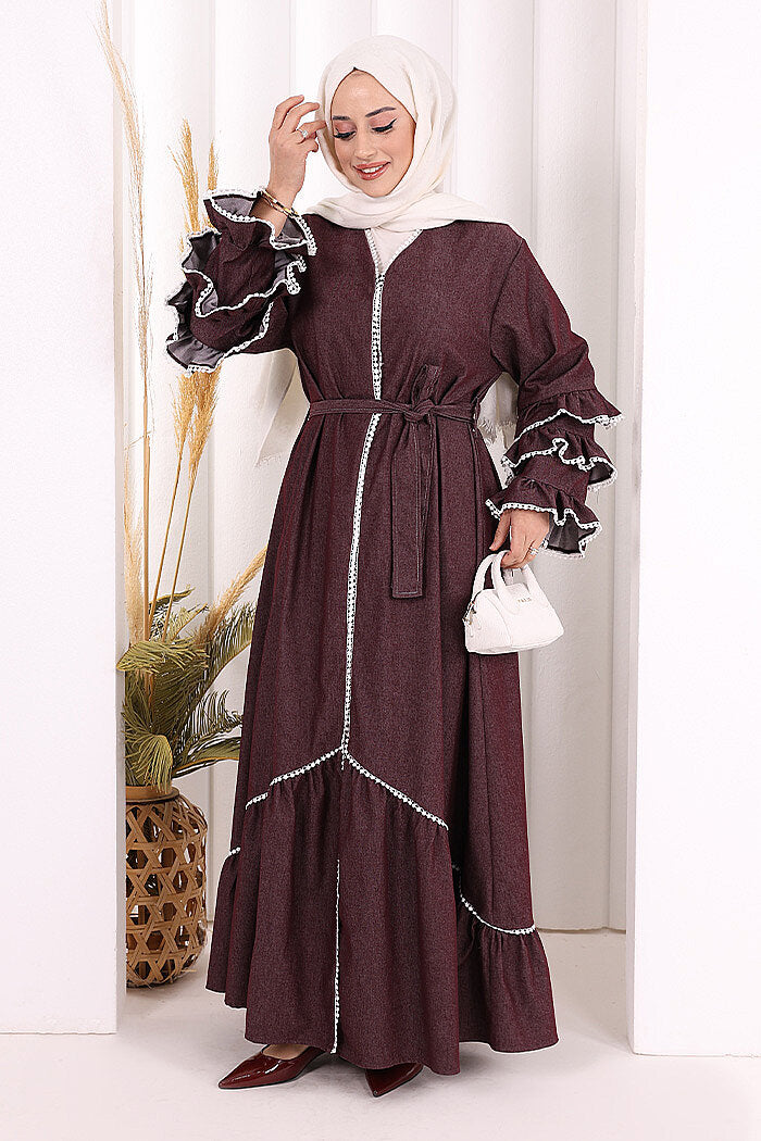Ruffle-Detailed Abaya 6078 Burgundy