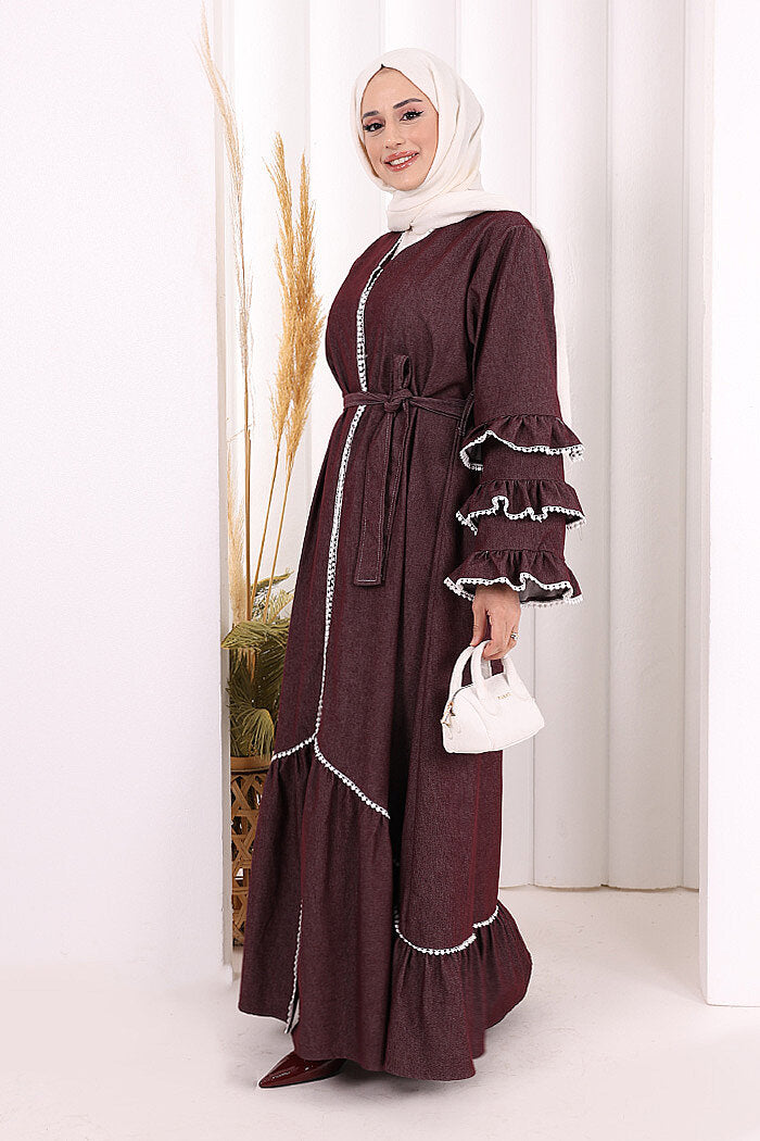 Ruffle-Detailed Abaya 6078 Burgundy
