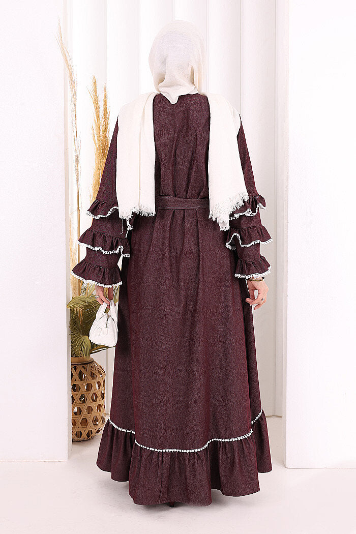 Ruffle-Detailed Abaya 6078 Burgundy
