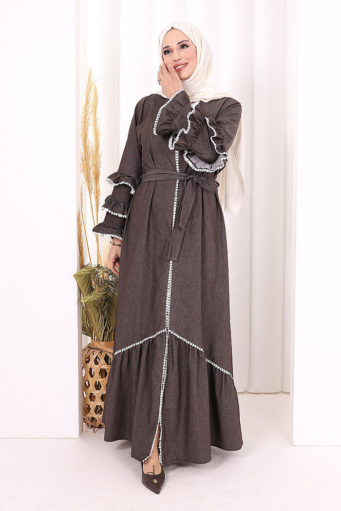 Ruffle-Detailed Abaya 6078 Brown