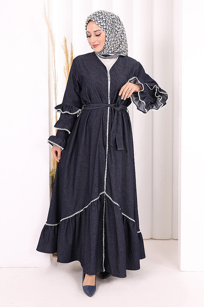 Ruffle-Detailed Abaya 6078 Navy