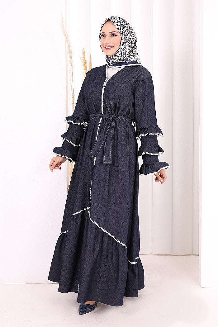 Ruffle-Detailed Abaya 6078 Navy