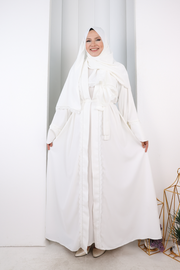 Ruffle Crystal-Detailed Abaya with Matching Hijab 9204 Ecru