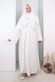 Ruffle Crystal-Detailed Abaya with Matching Hijab 9204 Ecru