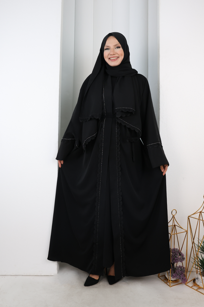 Ruffle Crystal-Detailed Abaya with Matching Hijab 9204 Black