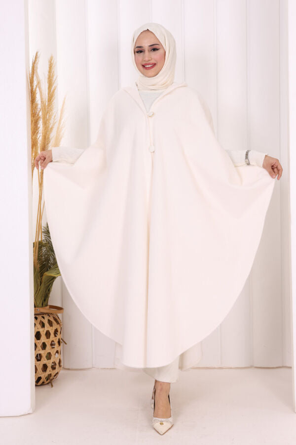 Hooded Wool-Blend Poncho 70130 Ecru