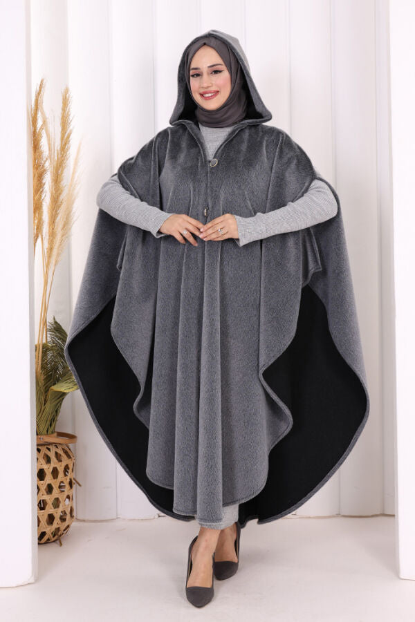 Hooded Wool-Blend Poncho 70130 Gray