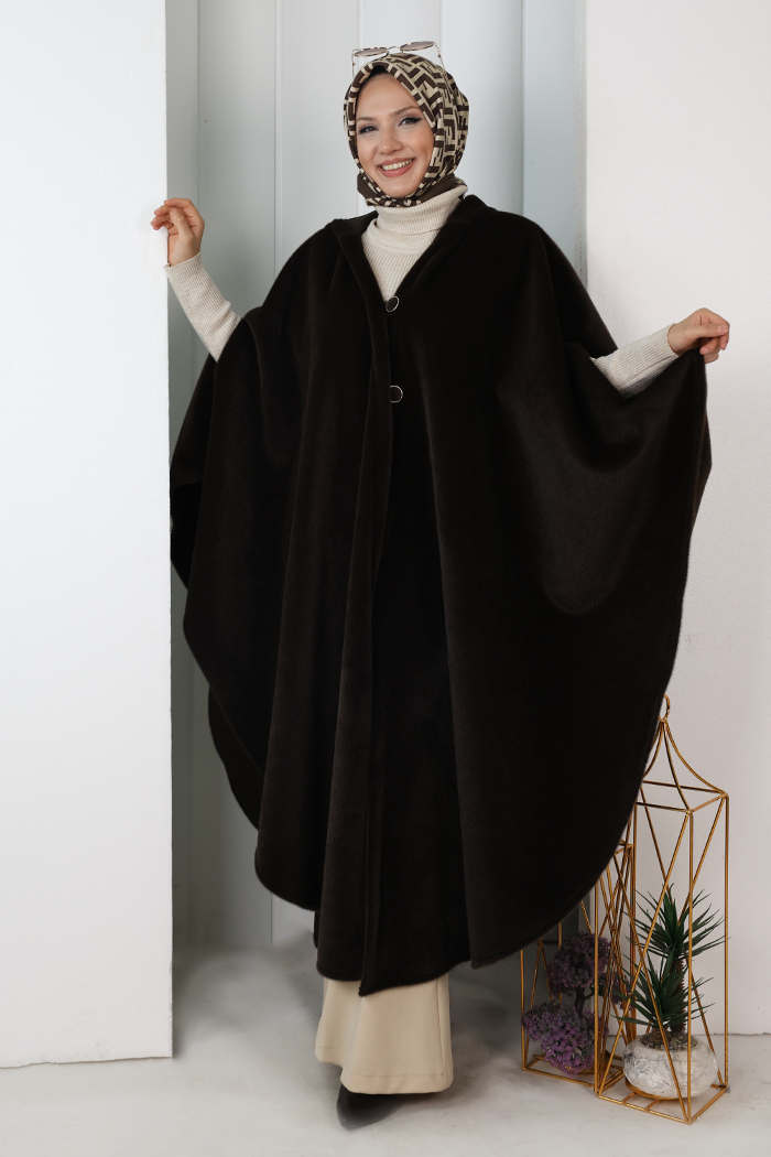 Hooded Wool-Blend Poncho 70130 Brown