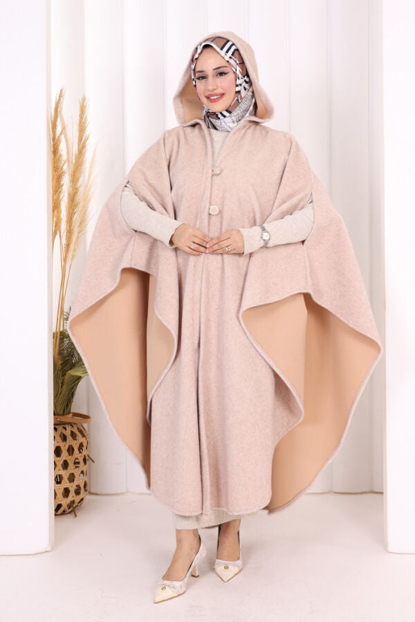 Hooded Wool-Blend Poncho 70130 Salmon