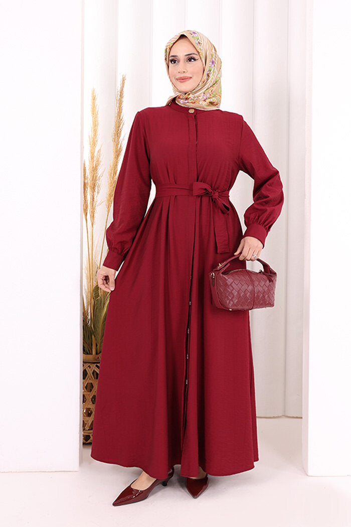 Full Button Hajj & Umrah Dress 7053 in Burgundy, view 1