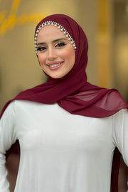 Pearl-Embellished Chiffon Hijab 2028 Burgundy - view 1