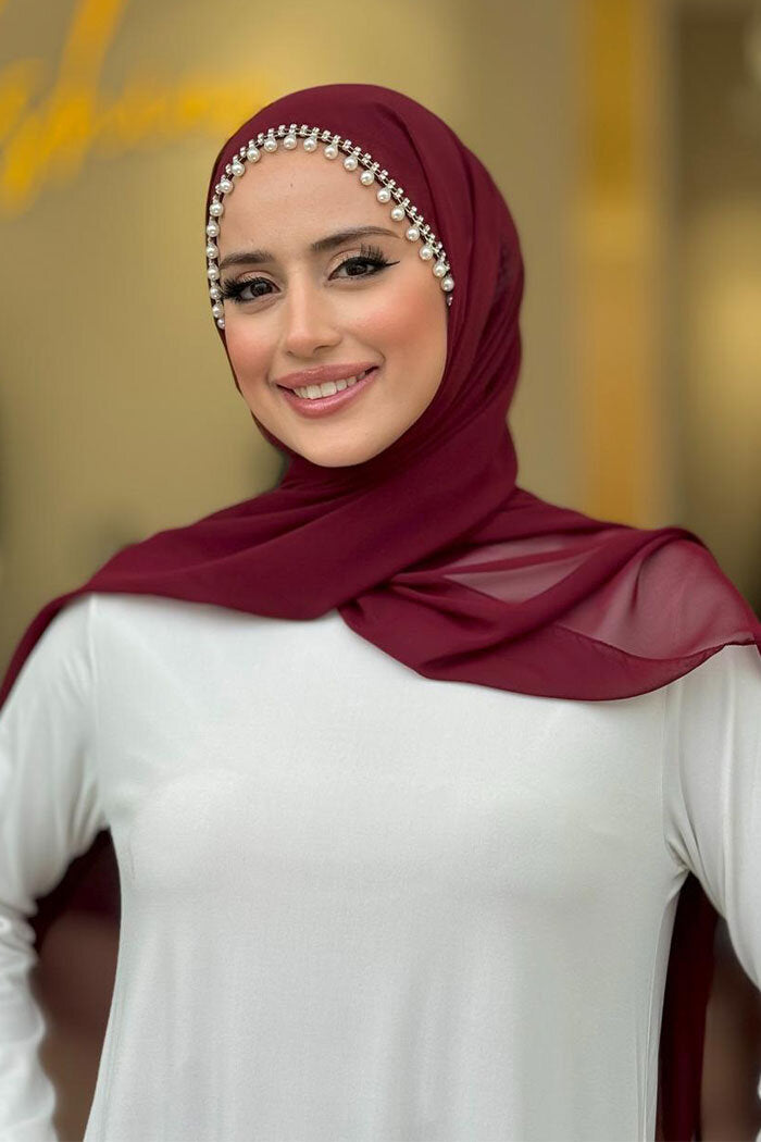 Pearl-Embellished Chiffon Hijab 2028 Burgundy