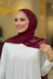 Pearl-Embellished Chiffon Hijab 2028 Burgundy - view 2