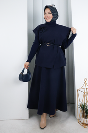 Rose Detail Vest and Skirt Set 8717 Navy — view 2
