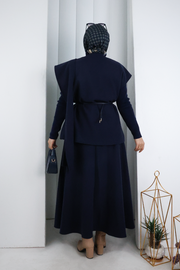 Rose Detail Vest and Skirt Set 8717 Navy — view 3