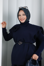 Rose Detail Vest and Skirt Set 8717 Navy — view 4