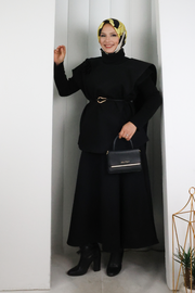Rose Detail Vest and Skirt Set 8717 Black — view 1