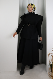 Rose Detail Vest and Skirt Set 8717 Black — view 2