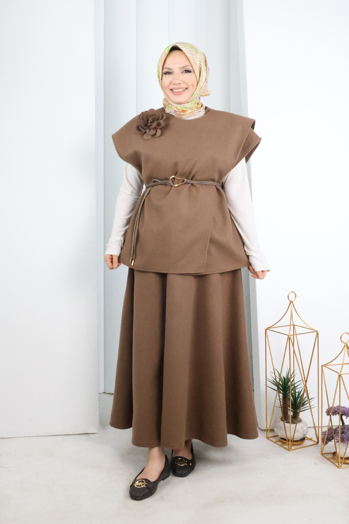 Rose Detail Vest and Skirt Set 8717 Mink