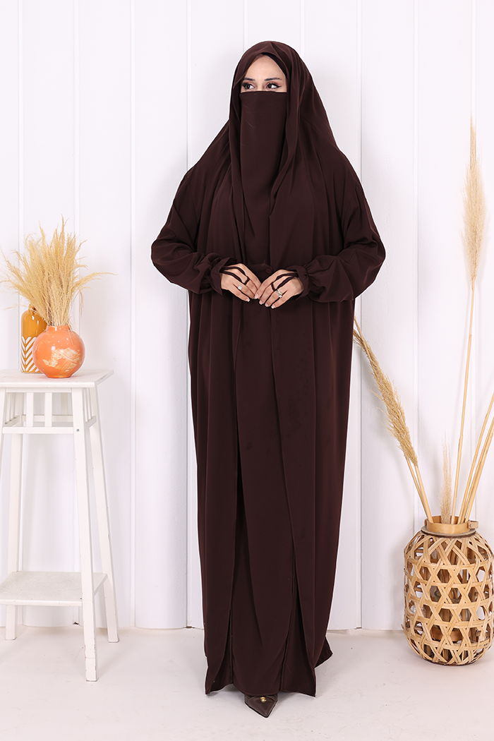 Medina-Fabric Built-In Niqab Ruffle Jilbab 6032 Brown