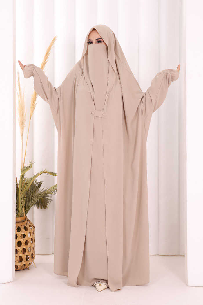 Medina-Fabric Built-In Niqab Ruffle Jilbab 6032 Stone