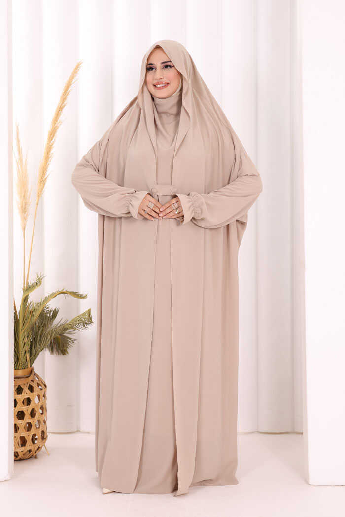 Medina-Fabric Built-In Niqab Ruffle Jilbab 6032 Stone