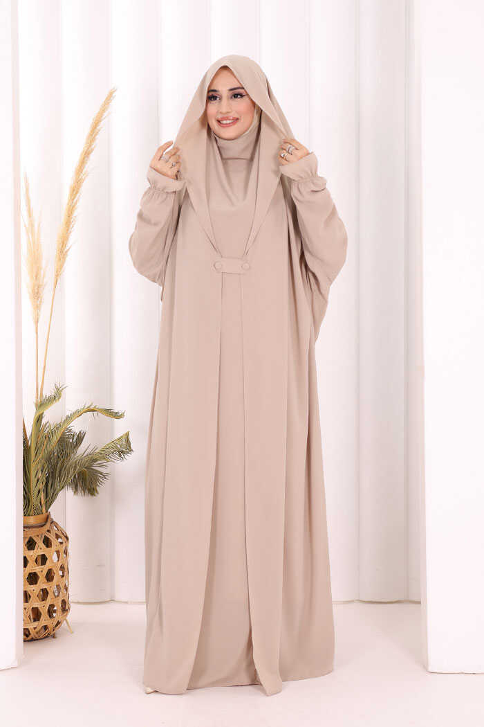 Medina-Fabric Built-In Niqab Ruffle Jilbab 6032 Stone
