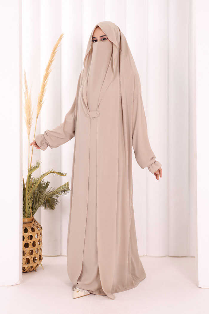 Medina-Fabric Built-In Niqab Ruffle Jilbab 6032 Stone