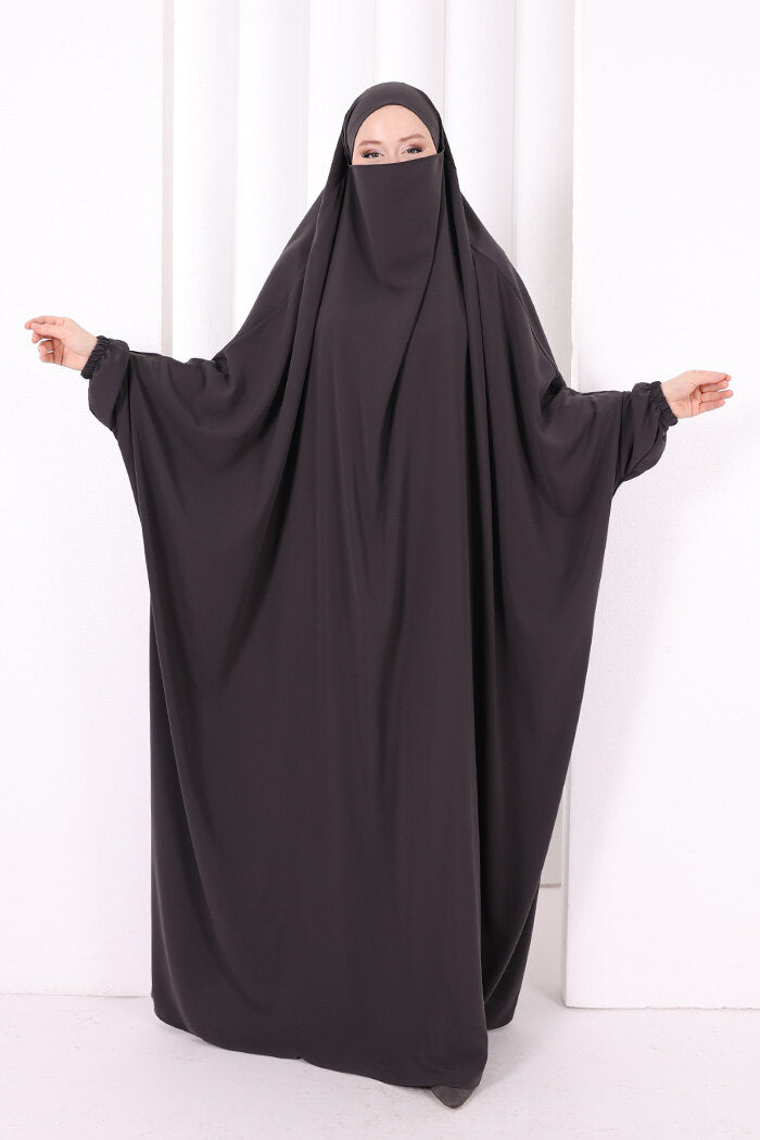 Built-In Niqab Ruffle Jilbab 6096 Smoke