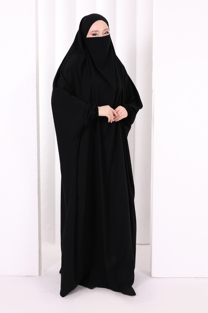 Built-In Niqab Ruffle Jilbab 6096 Black