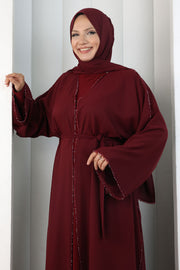 Crystal-Embellished Abaya with Matching Hijab 9205 Burgundy - view 4
