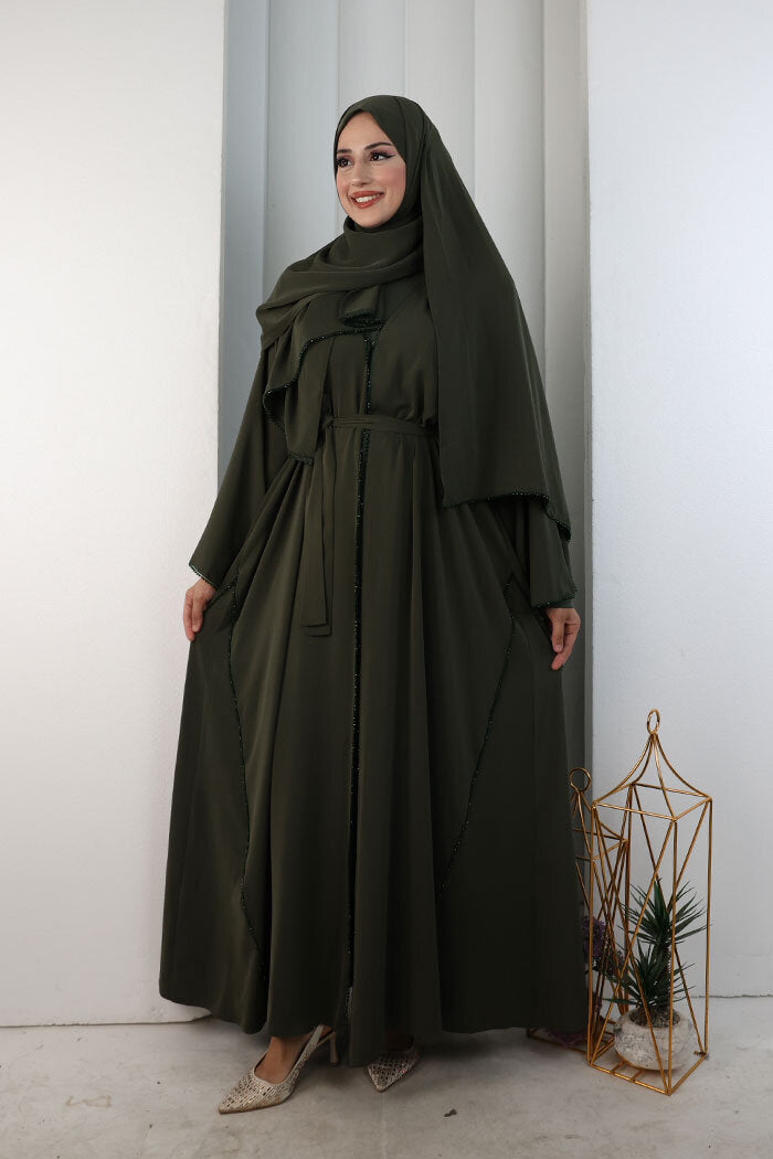 Crystal-Embellished Abaya with Matching Hijab 9205 Khaki