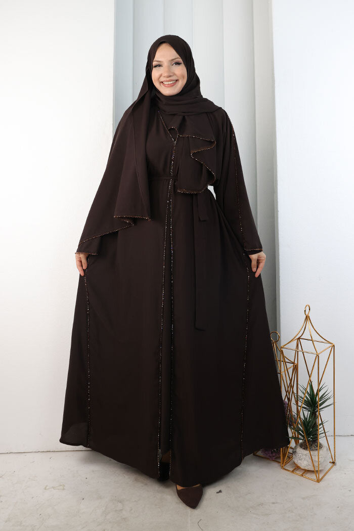 Crystal-Embellished Abaya with Matching Hijab 9205 Brown