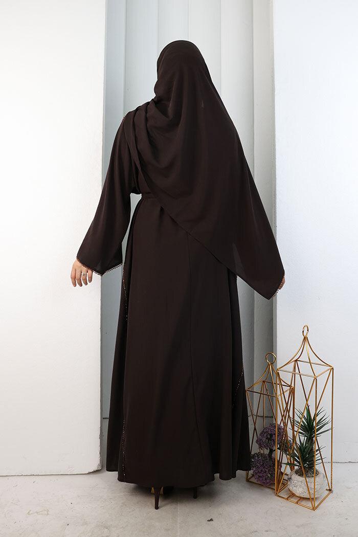 Crystal-Embellished Abaya with Matching Hijab 9205 Brown