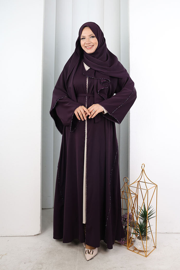 Crystal-Embellished Abaya with Matching Hijab 9205 Purple