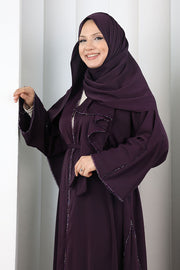 Crystal-Embellished Abaya with Matching Hijab 9205 Purple - view 5