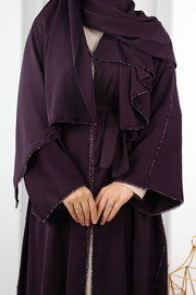 Crystal-Embellished Abaya with Matching Hijab 9205 Purple - view 6